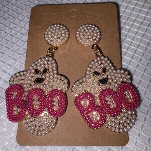 New Halloween Pink Boo Ghost Faux Pearl Beaded Dangle Earrings - 2.75”